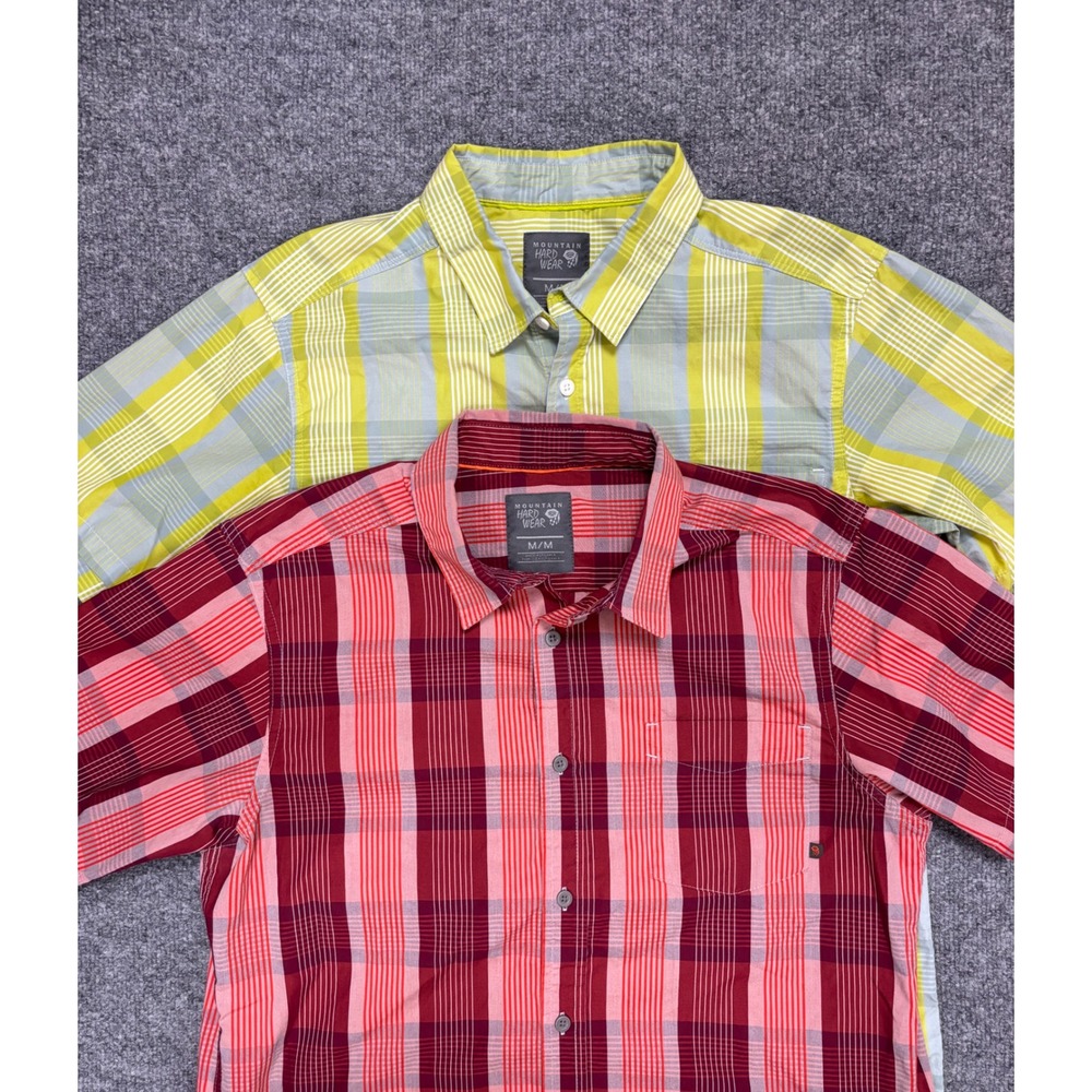 Lot of 2 Mountain Hardwear Shirt Mens Medium Red Green Plaid Short Sleeve Hiking